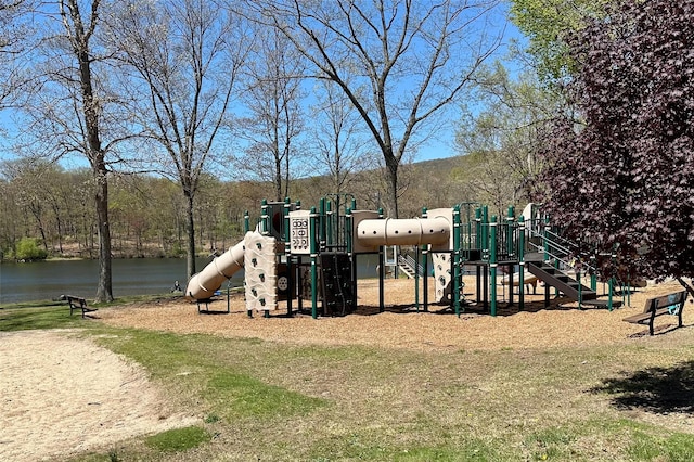 community jungle gym featuring a water view