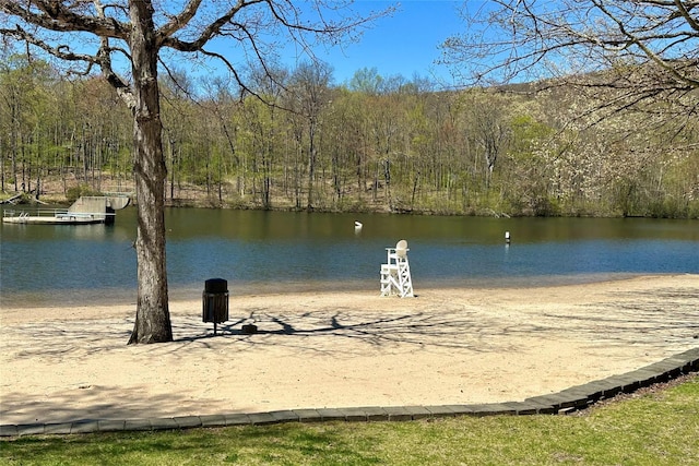 view of water feature featuring a forest view