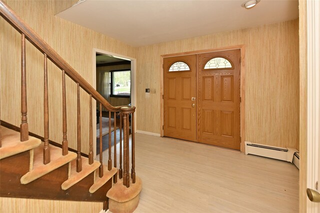 11 Sterling Rd, Spring Valley, NY 10977 - entrance foyer with a baseboard radiator, light wood-style floors, stairway, wallpapered walls, and baseboards