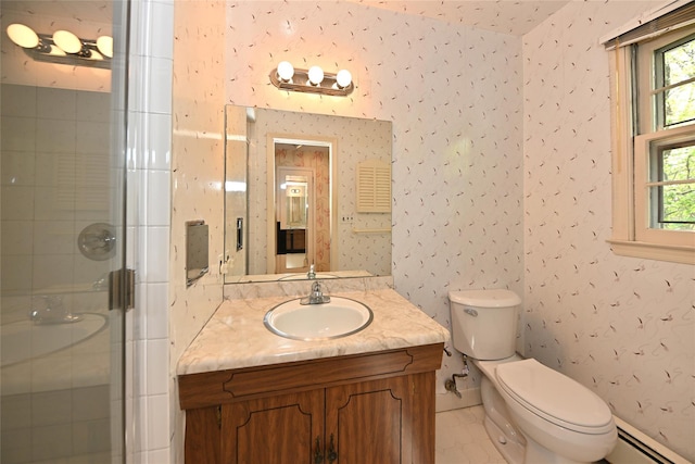 11 Sterling Rd, Spring Valley, NY 10977 - full bath featuring a baseboard heating unit, toilet, a shower stall, vanity, and tile patterned flooring