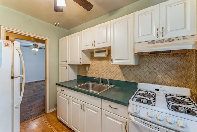 274 Cherry Valley Ave Unit B-2, Garden City, NY 11530 - kitchen featuring white appliances, a ceiling fan, under cabinet range hood, and a sink