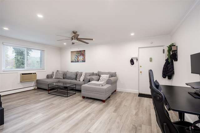 living area with a ceiling fan, a baseboard heating unit, light wood finished floors, crown molding, and a wall unit AC