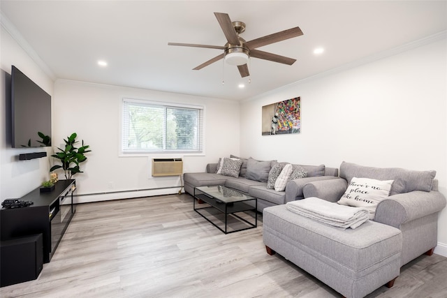 living room featuring a baseboard heating unit, a ceiling fan, crown molding, light wood-style floors, and recessed lighting