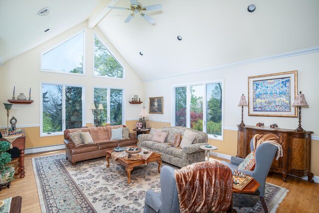 235 S Blvd, Nyack, NY 10960 - living area with a baseboard radiator, beam ceiling, light wood-style floors, a ceiling fan, and high vaulted ceiling