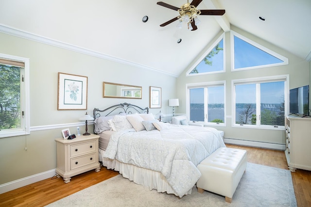 235 S Blvd, Nyack, NY 10960 - bedroom with a baseboard radiator, beam ceiling, wood finished floors, high vaulted ceiling, and a ceiling fan