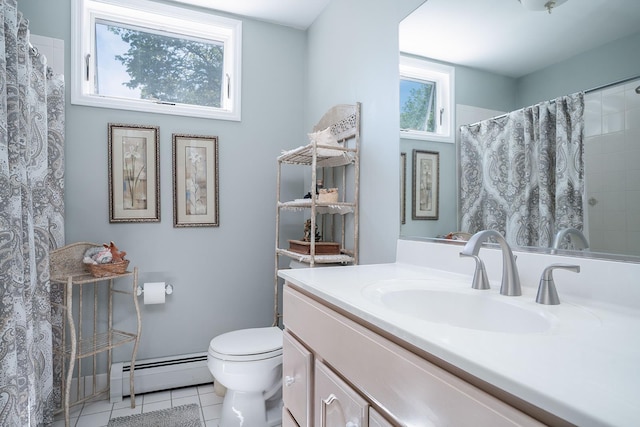 235 S Blvd, Nyack, NY 10960 - full bathroom with a baseboard radiator, tile patterned flooring, toilet, vanity, and curtained shower