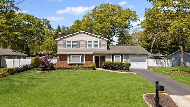 view of front of home with an attached garage, asphalt driveway, brick siding, and a chimney
