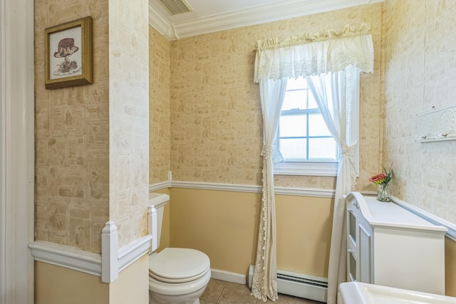 bathroom with visible vents, crown molding, toilet, baseboard heating, and wallpapered walls