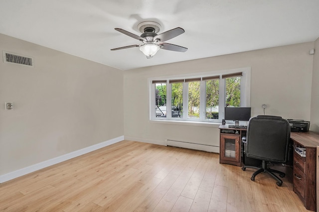 office space with baseboard heating, a ceiling fan, light wood finished floors, and baseboards