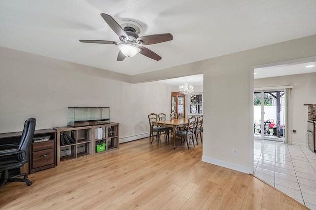 office area featuring a ceiling fan, a chandelier, light wood-type flooring, a baseboard radiator, and baseboards