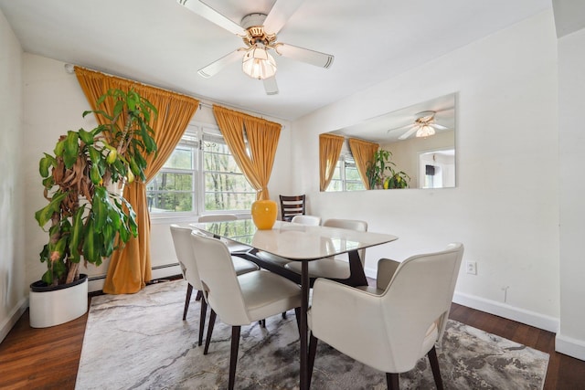 dining area with a healthy amount of sunlight, wood finished floors, baseboards, and ceiling fan
