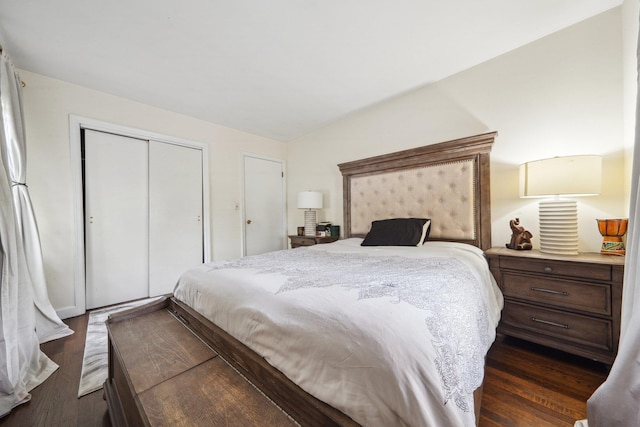 bedroom featuring dark wood finished floors and a closet