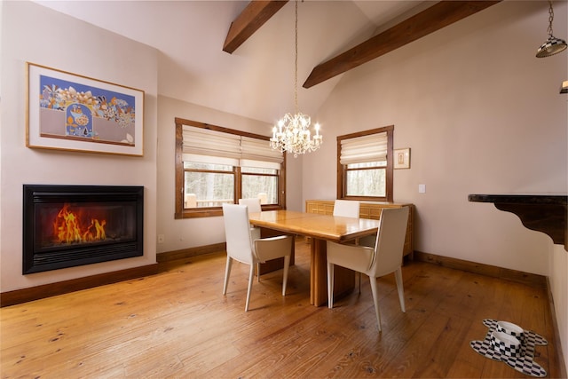 15 Chapin Trl, White Lake, NY 12720 - dining space featuring wood-type flooring, a chandelier, a glass covered fireplace, baseboards, and vaulted ceiling with beams