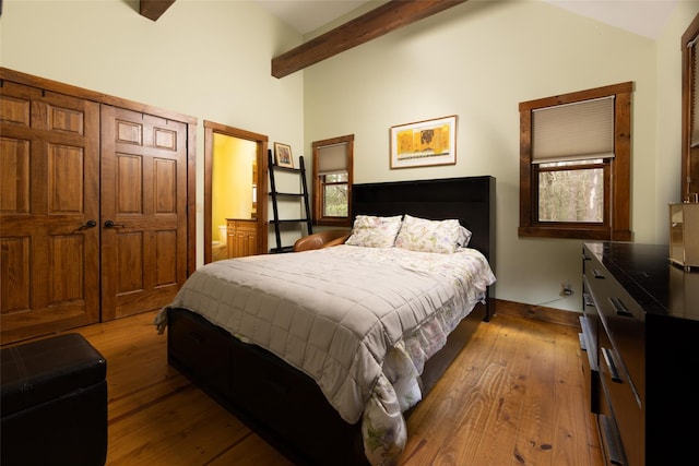 15 Chapin Trl, White Lake, NY 12720 - bedroom with wood-type flooring, high vaulted ceiling, baseboards, and beam ceiling
