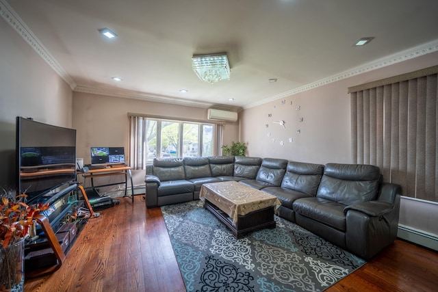 living room featuring ornamental molding, an AC wall unit, recessed lighting, and wood finished floors