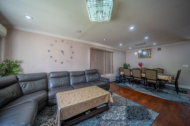 living area with ornamental molding, wood finished floors, and recessed lighting