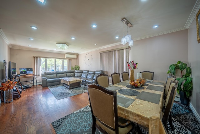 dining space with a wall mounted air conditioner, crown molding, wood finished floors, and recessed lighting