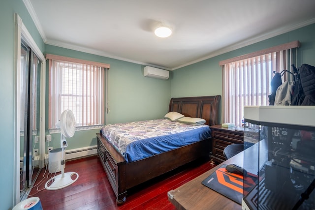 bedroom featuring multiple windows, ornamental molding, baseboard heating, and a wall unit AC