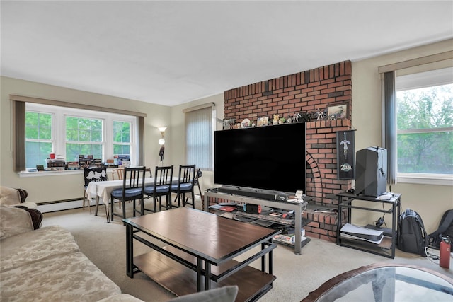 carpeted living room with a baseboard heating unit