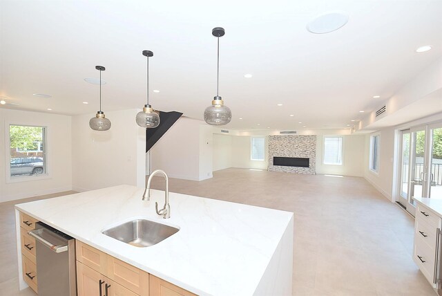 141 Flamingo St, Atlantic Beach, NY 11509 - kitchen featuring a sink, dishwasher, recessed lighting, hanging light fixtures, and open floor plan