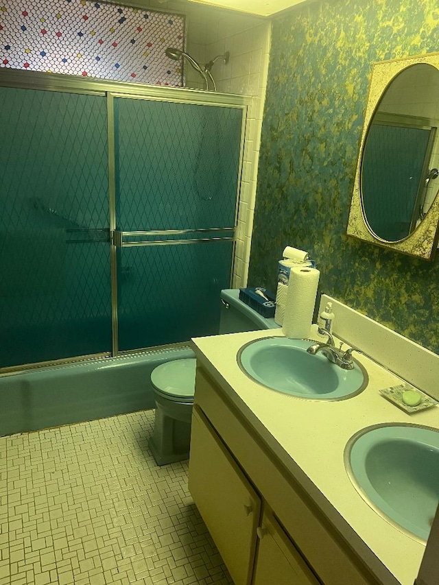 160-38 85th St, Howard Beach, NY 11414 - full bath with wallpapered walls, enclosed tub / shower combo, toilet, and double vanity