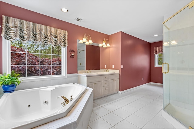 26 Garrity Blvd, Brewster, NY 10509 - bathroom featuring a sink, a tub with jets, visible vents, a stall shower, and double vanity