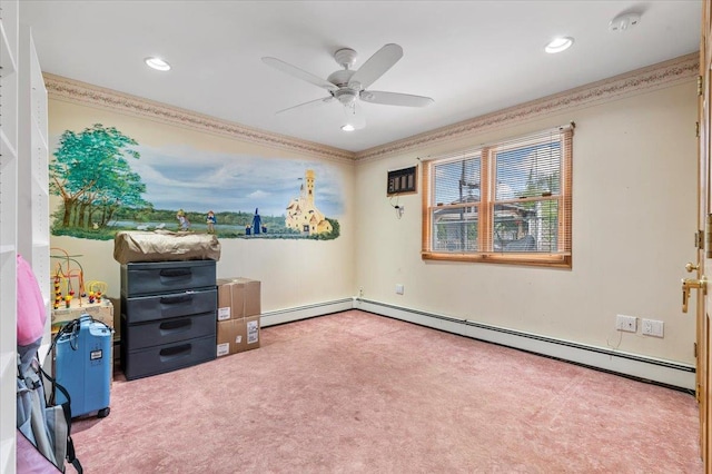 unfurnished bedroom featuring carpet, baseboard heating, recessed lighting, a ceiling fan, and ornamental molding