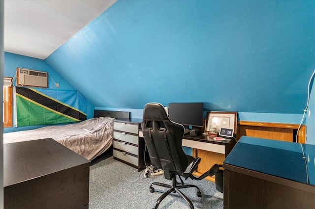 office space with vaulted ceiling and carpet floors