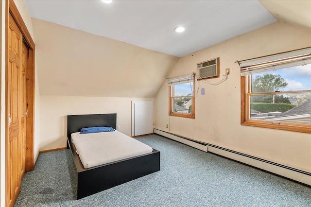 carpeted bedroom featuring vaulted ceiling, a baseboard heating unit, a wall unit AC, multiple windows, and recessed lighting
