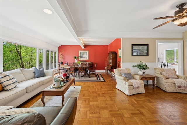 90 Shingle House Rd, Millwood, NY 10546 - living area with plenty of natural light, ceiling fan, and a wainscoted wall