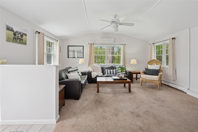 90 Shingle House Rd, Millwood, NY 10546 - living area featuring a wall unit AC, lofted ceiling, a baseboard heating unit, plenty of natural light, and a ceiling fan