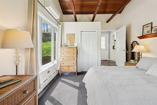 90 Shingle House Rd, Millwood, NY 10546 - bedroom featuring wooden ceiling, beamed ceiling, dark carpet, a closet, and a wall mounted AC