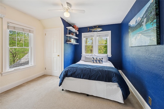 90 Shingle House Rd, Millwood, NY 10546 - bedroom with baseboards, carpet, ceiling fan, a wall mounted AC, and lofted ceiling