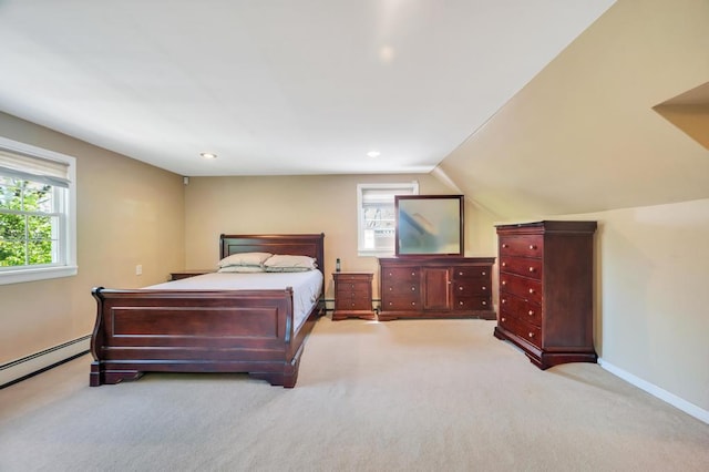 carpeted bedroom with vaulted ceiling, baseboards, recessed lighting, and a baseboard heating unit