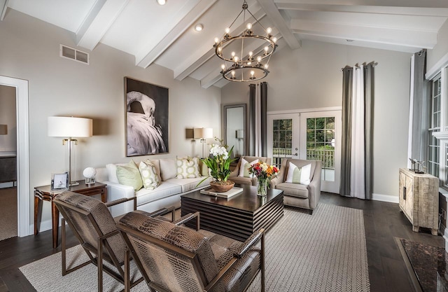 living area with a chandelier, dark wood finished floors, french doors, baseboards, and recessed lighting