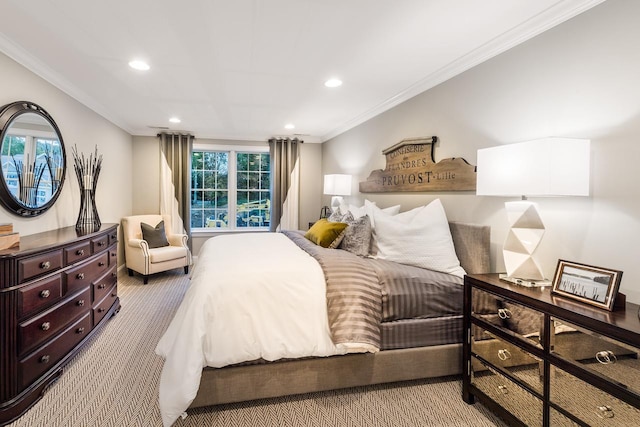 bedroom with ornamental molding, light carpet, and recessed lighting
