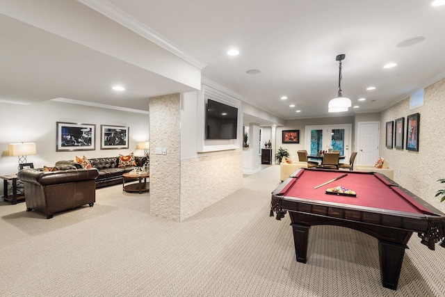 rec room featuring carpet, crown molding, recessed lighting, billiards, and baseboards