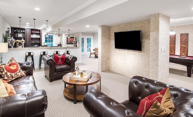 living area with ornamental molding, carpet, bar area, and recessed lighting