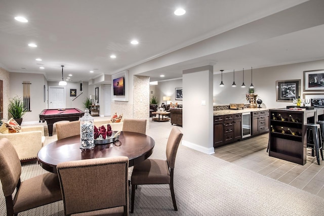 dining room with bar, crown molding, recessed lighting, billiards, and beverage cooler