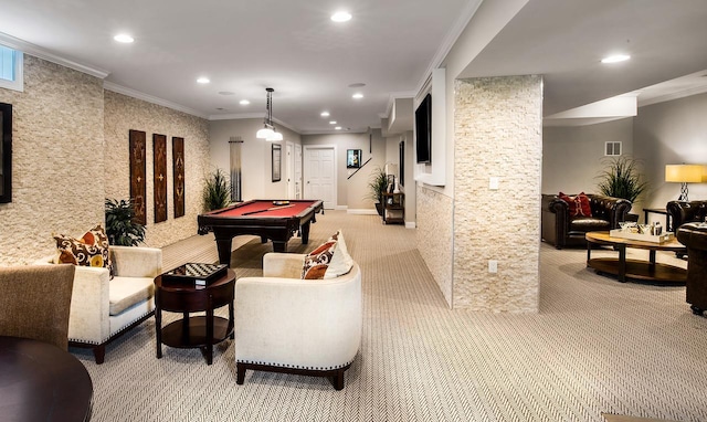 playroom with carpet, billiards, ornamental molding, recessed lighting, and baseboards