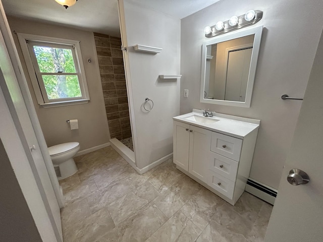 full bath featuring a stall shower, baseboard heating, baseboards, toilet, and vanity