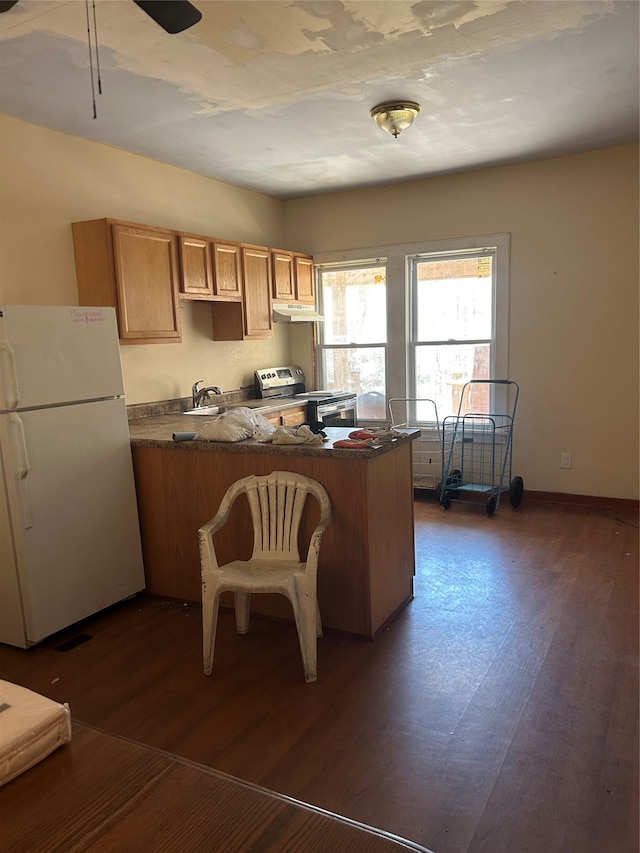 kitchen with freestanding refrigerator, dark countertops, dark wood-type flooring, stainless steel electric stove, and under cabinet range hood