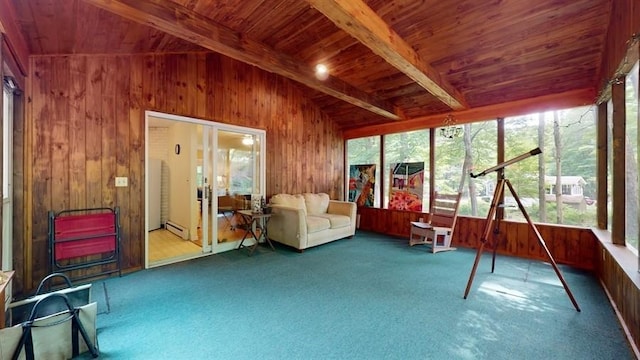 sunroom with baseboard heating and beam ceiling