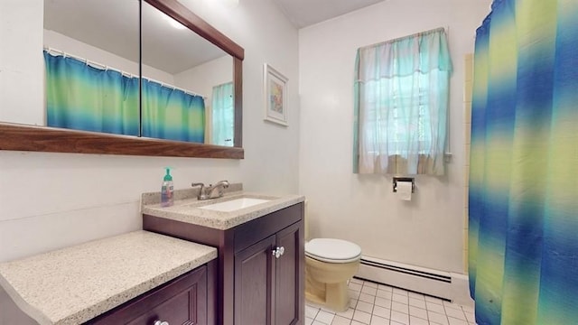 full bath featuring toilet, a baseboard heating unit, vanity, tile patterned flooring, and a shower with shower curtain
