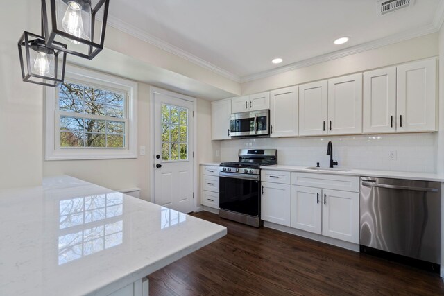 kitchen with dark wood finished floors, visible vents, a sink, tasteful backsplash, and appliances with stainless steel finishes