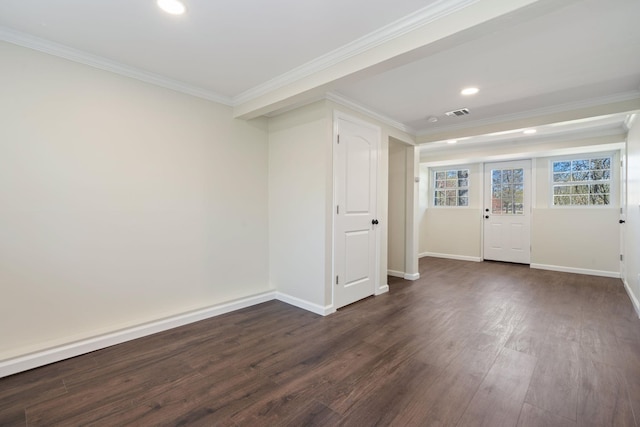 unfurnished room with ornamental molding, baseboards, dark wood-style floors, and recessed lighting