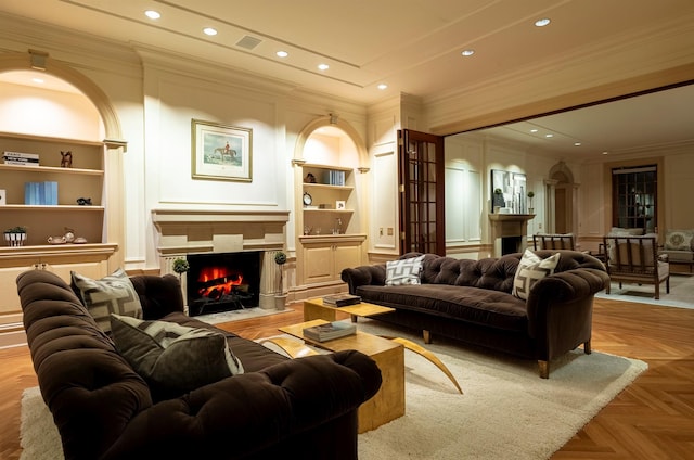 422 Hardscrabble Rd, North Salem, NY 10560 - living room with crown molding, a decorative wall, a fireplace with flush hearth, and built in features