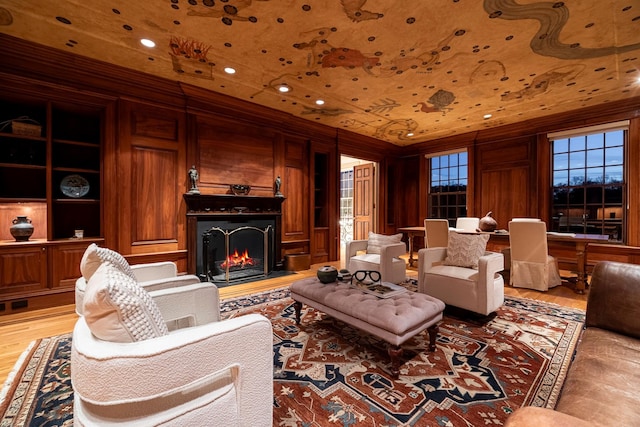 422 Hardscrabble Rd, North Salem, NY 10560 - interior space with ornamental molding, a warm lit fireplace, light wood-style flooring, and recessed lighting