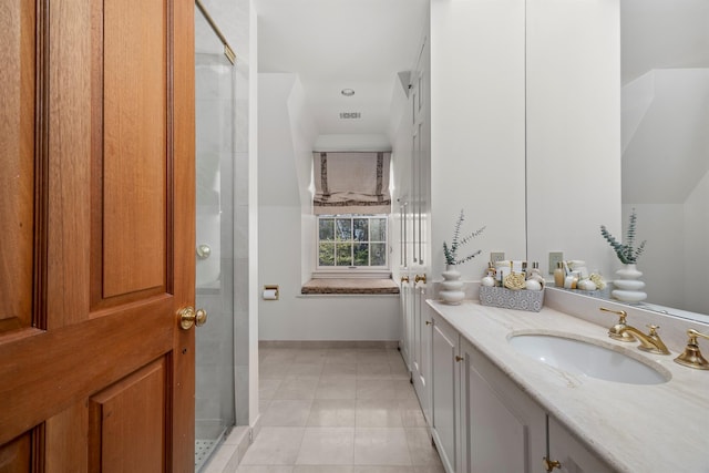 422 Hardscrabble Rd, North Salem, NY 10560 - full bathroom featuring vanity, visible vents, tile patterned flooring, a shower stall, and baseboards