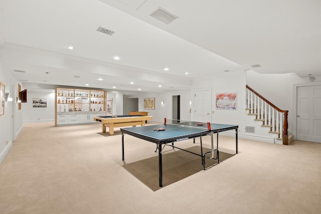 422 Hardscrabble Rd, North Salem, NY 10560 - rec room with pool table, visible vents, baseboards, light carpet, and recessed lighting